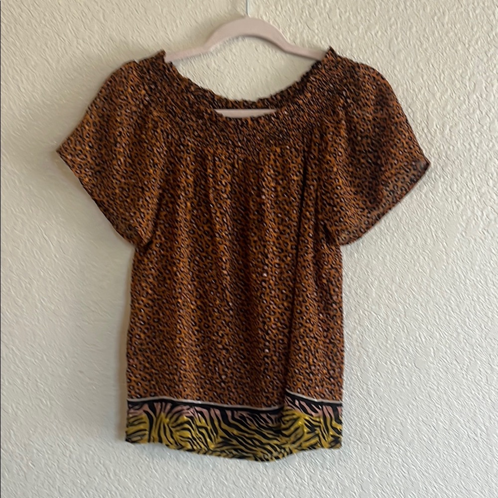 DR2 Brown Smocked Animal Print Flutter Sleeve Blouse